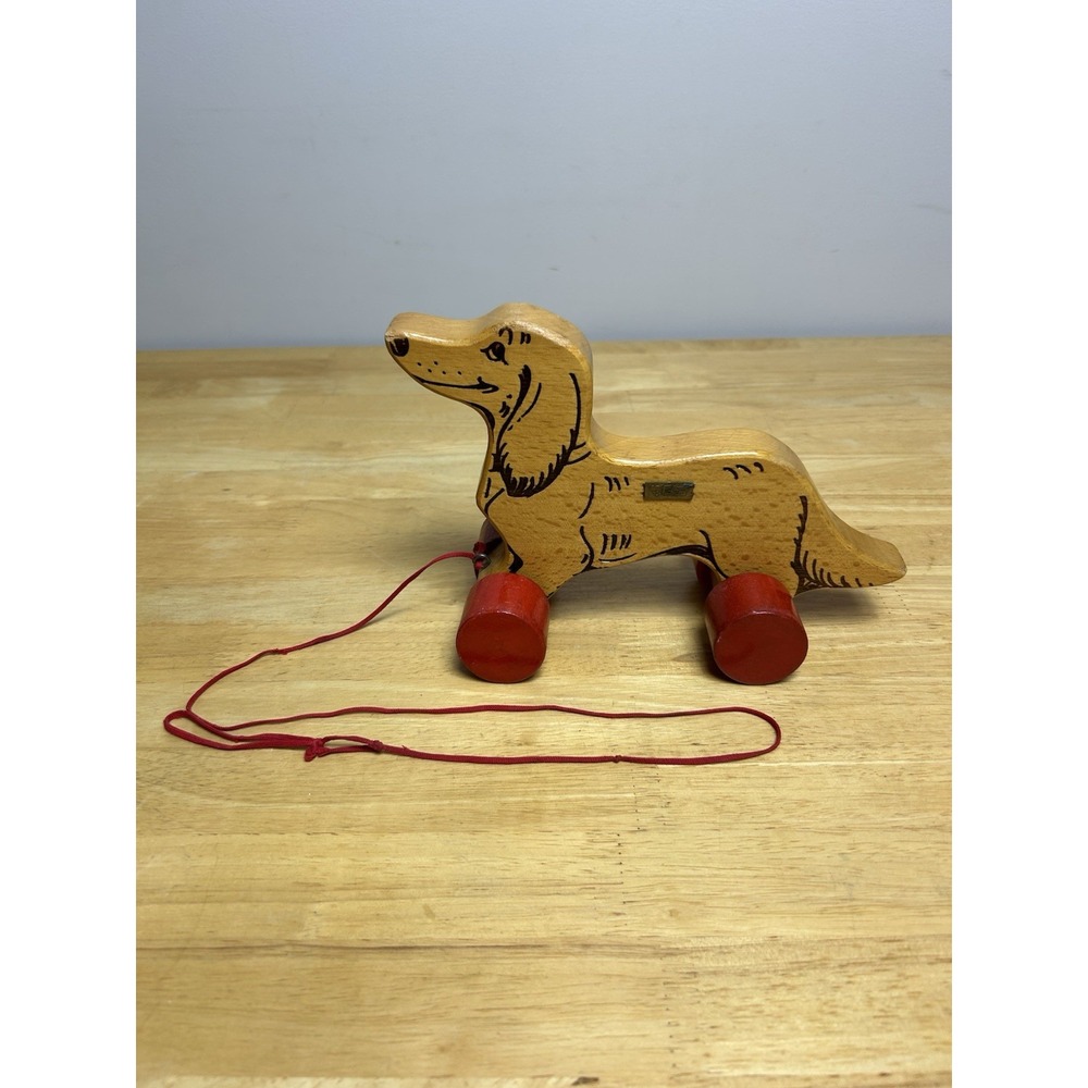 Vintage Steiff Wooden‎ Dog Dachshund on Red Wheels with ID And Pull String